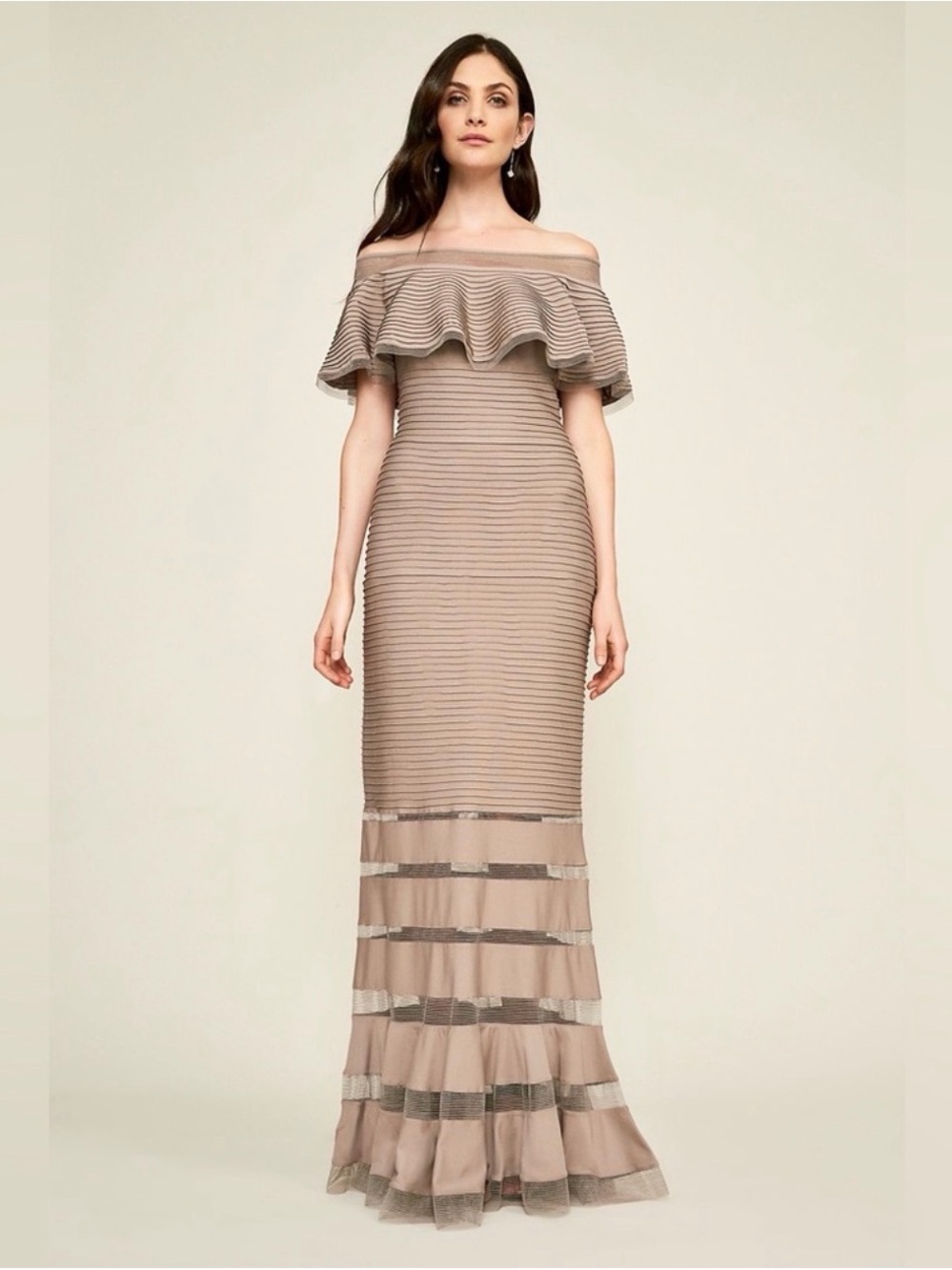 Tadashi Shoji Taupe Off-Shoulder Ruffle Column Gown